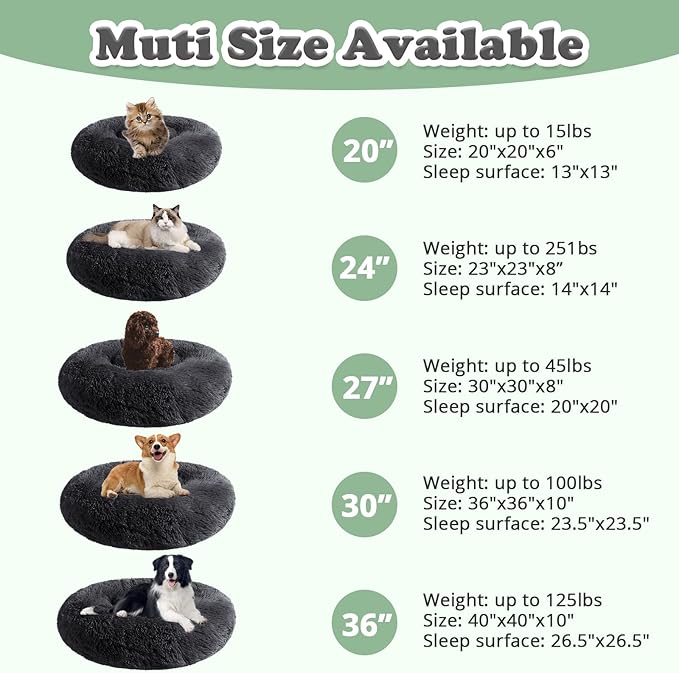 JOLLYVOGUE Dog & Cat Bed, Calming Anti-Anxiety Pet Bed for Small Dogs, Fluffy Donut Cushion for Small and Medium Pets (24")