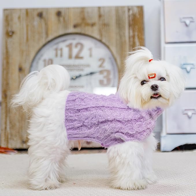 Turtleneck Small Dog Sweaters - Classic Cable Knitwear Winter Coat for Small Medium Dogs Male Female Puppy Dog Cold Weather Clothes Girls Boys, Purple, M