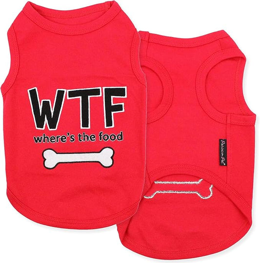 Parisian Pet Dog Tshirt - Embroidered “ WTF (Where’s The Food) “ Dog Shirt - Lightweight, Cotton Tank Top - Sleeveless Tee Shirts - Machine Washable Shirts for Large Dogs - L