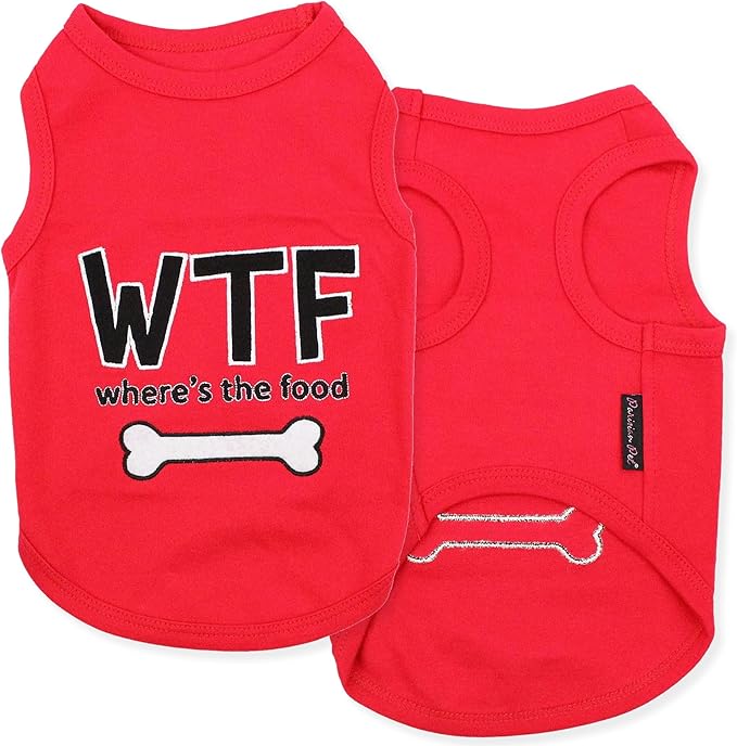 Parisian Pet Dog Tshirt - Embroidered “ WTF (Where’s The Food) “ Dog Shirt - Lightweight, Cotton Tank Top - Sleeveless Tee Shirts - Machine Washable Shirts for Medium Dogs - M
