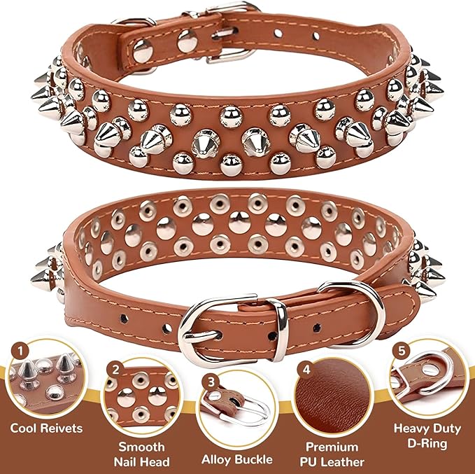 PETCARE Spiked Dog Collar Brown Soft Pu Leather Funny Mushrooms Rivet Spike Studded Puppy Collar Adjustable Outdoor Pet Dog Collar for Small Medium Large Dogs Cats Chihuahua Pug Pit Bull Dog Collars