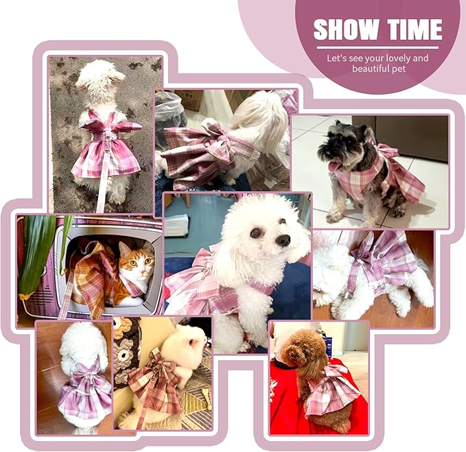 PETCARE Plaid Dog Dress Bow Tie Harness Leash Set for Small Dogs Cats Girl Cute Princess Dog Dresses Spring Summer Puppy Bunny Rabbit Clothes Chihuahua Yorkies Pet Outfits