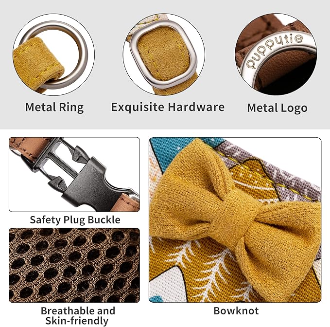 Puppytie No Pull Dog Harness with Multifunction Dog Leash,Soft Adjustable No Choke Escape Proof Pet Harness Vest for Medium Dogs,Suede Bow Yellow,M