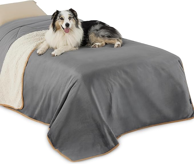 Bedsure Waterproof Blanket for Bed Intimacy- Sherpa Fleece Waterproof Dog Blankets for Large Dogs, Pet Blankets for Bed/Couch, Soft Plush Reversible Furniture Protector, Twin Size, 80"x60", Grey