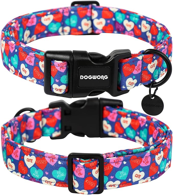 DOGWONG Valentine's Dog Collar - Blue Heart Chocolate, Multicolor - Small, Soft Cotton - Perfect for Small Dogs