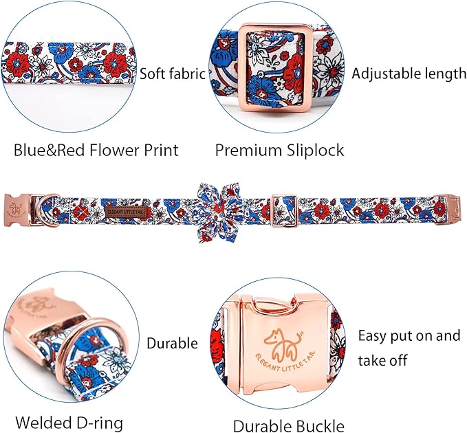 Elegant little tail Independence Dog Collar, Blue with Red Flower Dog Collars Holiday Dog Collar with Flower Pet Gift Adjustable Puppy Collar for X-Small Puppy