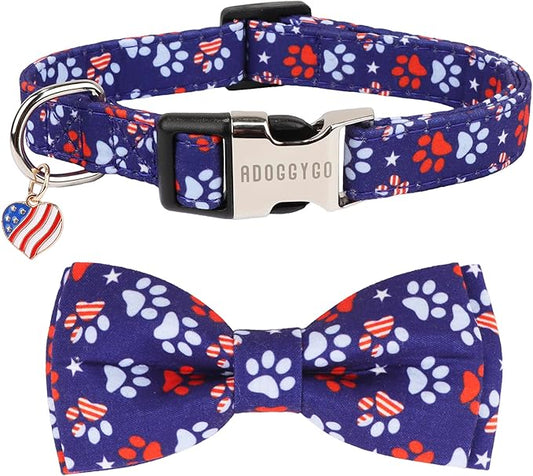 ADOGGYGO American Flag Dog Collar with Detachable Bowtie, Adjustable 4th of July Patriotic Collars for Small Medium Large Dogs Pets (Large)