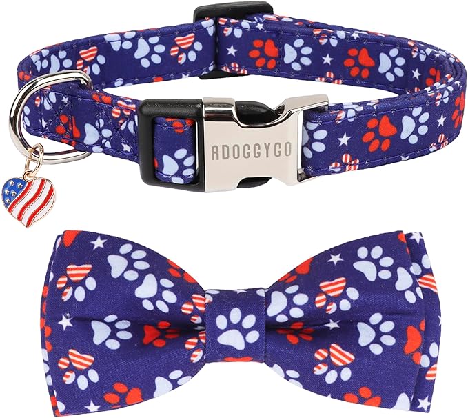ADOGGYGO American Flag Dog Collar with Detachable Bowtie, Adjustable 4th of July Patriotic Collars for Small Medium Large Dogs Pets (Medium)