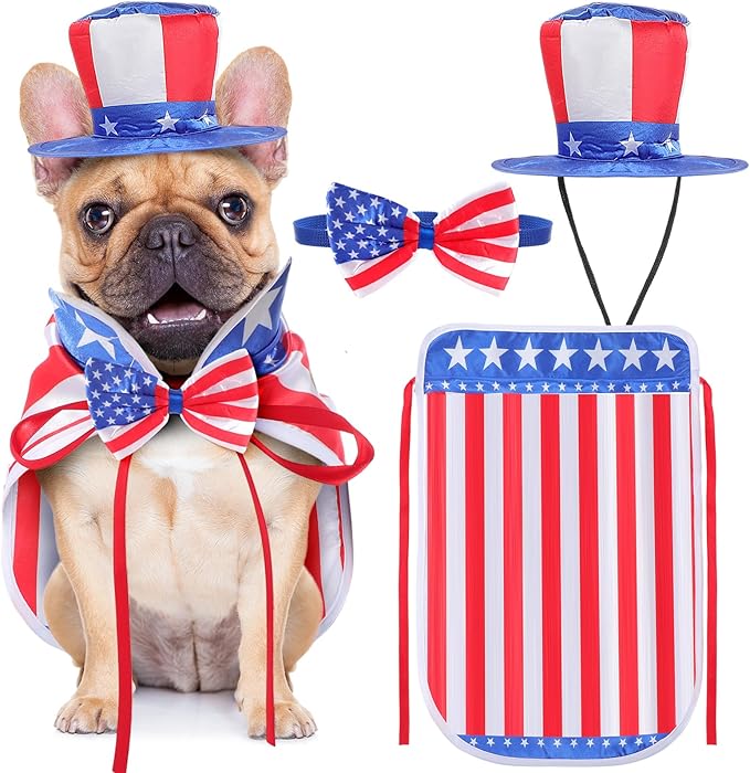 JaGely 3 Pcs Dog 4th of July Outfit Independence Day Costume Set Includes Dog Top Hat, American Flag Bow Tie Collar and American Flag Cape Pet Clothes for Dogs Puppy Cats Kitten(M)