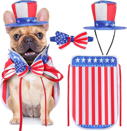 JaGely 3 Pcs Dog 4th of July Outfit Independence Day Costume Set Includes Dog Top Hat, American Flag Bow Tie Collar and American Flag Cape Pet Clothes for Dogs Puppy Cats Kitten(M)