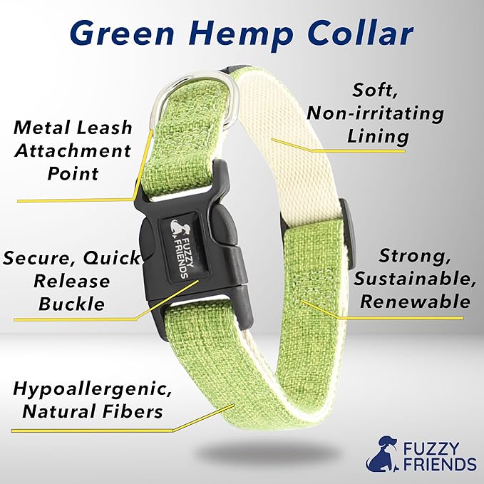 Green Hemp Dog Collar - Hypoallergenic Dog Collar - Comfortable for Sensitive Skin or Allergies with no Harsh Dyes or Chemicals - 5 Sizes from X-Small to x-Large Breeds