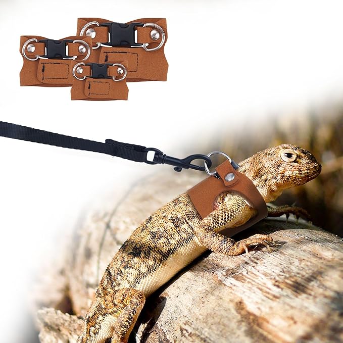 3 Pcs Bearded Dragon Harnesses, Adjustable Soft Leather Lizard Harness with Retractable Traction Rope Small Animal Walking Vest Leash Accessories Set for Reptiles Squirrel Lizard Chinchilla