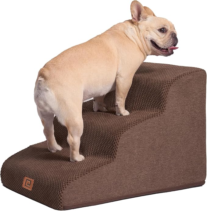 EHEYCIGA Curved Dog Stairs Ramp for Small Dogs 15.7" H, 3-Step Dog Steps for Couch Sofa and Chair, Pet Stairs for Cats, Non-Slip Balanced Pet Steps Indoor, Brown