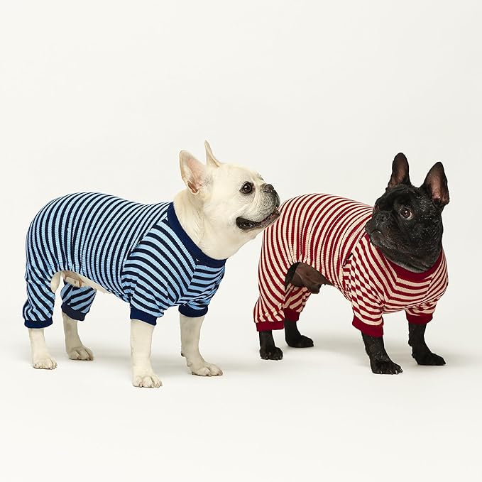 Fitwarm Blue and White Striped Dog Pajamas, Waffle Dog Clothes for Small Dogs Girl Boy, Puppy Onesie with Feet, Pet Cat Outfit, Medium