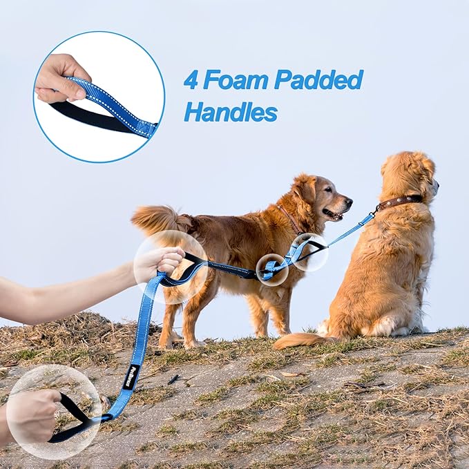 PetBonus Double Dog Leash, No Tangle Dual Leash, Reflective Walking Training Lead, 4 Comfortable Padded Handles for 2 Dogs with Collapsible Bowl and Waste Bags (Light Blue, Large)