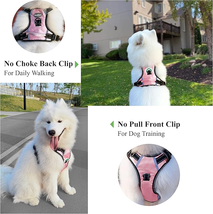 No Pull Dog Harness, Reflective Walking Dog Harness with Easy Control Handle and Front & Back Clips,Adjustable Breathable Soft Padded Dog Vest Harness for Large Medium Small Dogs, Pink,L