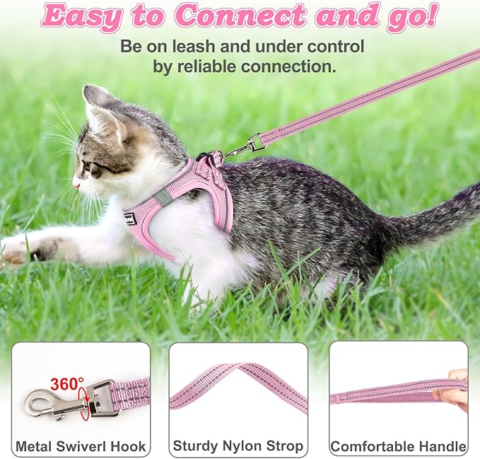 Cat Harness and Leash for Walking Escape Proof, Adjustable Kitten Vest Harness Reflective Soft Mesh Puppy Harness for Outdoor, Comfort Fit, Easy to Control (NPink, M)