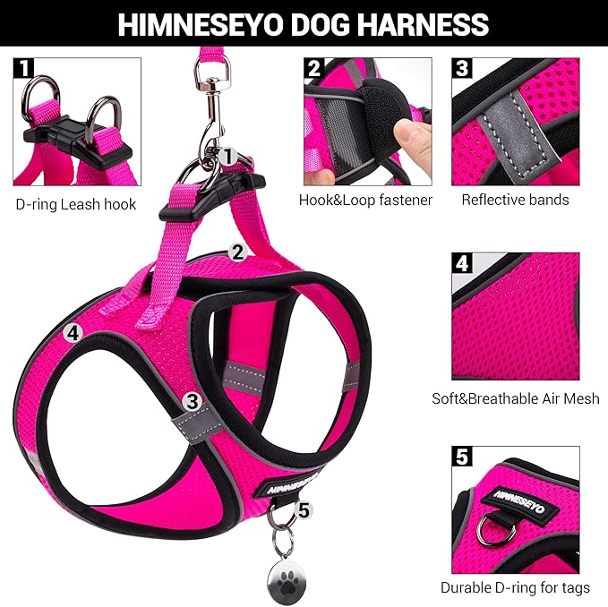 Dog Harness and Leash Set, Dog Harness for Dogs No Pull, No-Chock Step-in Reflective Breathable Lightweight Easy Walk Vest Harnesses with Safety Buckle for Small Medium Dogs, Cats (Rose red, XS)