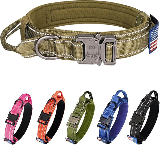 KCUCOP Tactical Dog Collar for Medium & Large Dogs - Military Nylon Heavy Duty Collar with Handle, Reflective Strip & Metal Buckle for Training, Outdoor (Brown Reflective, XLarge)