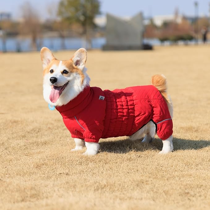 Lovelonglong Warm Dog Coat Double Layers Dog Vest, 4 Legs Covered Windproof Waterproof Reflective Warm Dog Vest Outdoor Skating Dog Costume for Corgis Dachshund Dog Red D-L