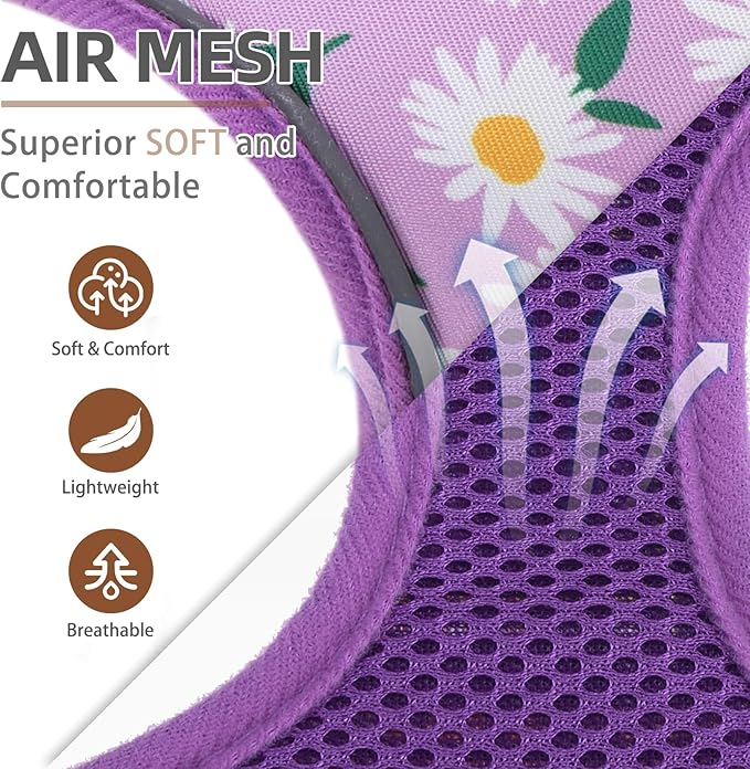 PUPTECK Dog Harness and Leash Set for Small Medium Dogs No Pull, Soft Mesh Adjustable Puppy Cat Harness Reflective at Night, Light Purple M