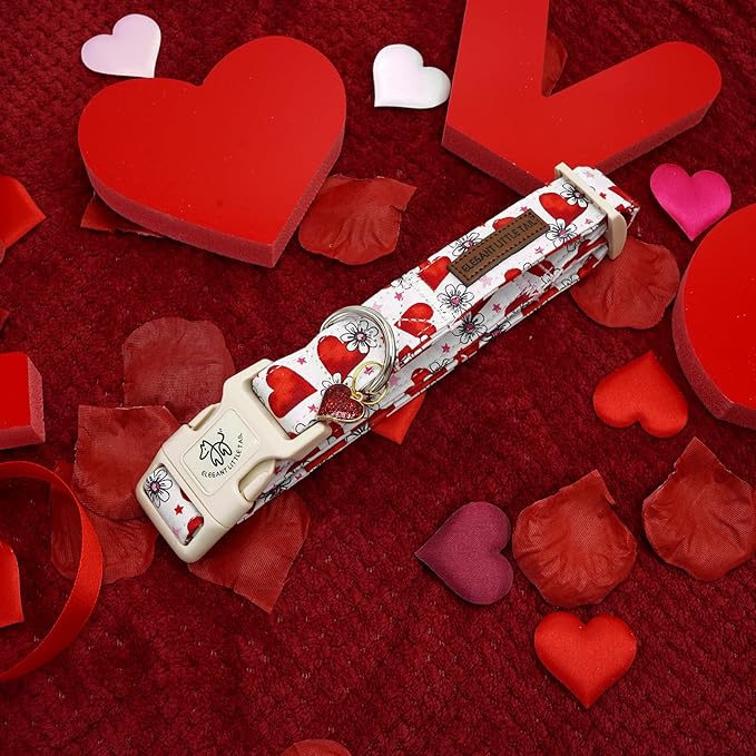 Elegant little tail Valentine's Dog Collar, Flower Pink Heart Dog Collar for Medium Dogs, Female or Male Adjustable Cotton Pet Collar with Quick Release Buckle for Small Medium Large Dogs