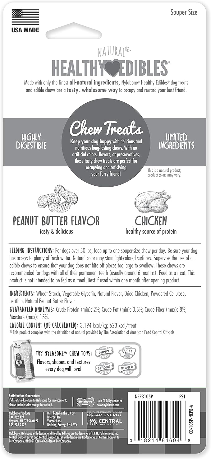 Nylabone Healthy Edibles Natural Dog Chews Long Lasting Peanut Butter Flavor Treats for Dogs, X-Large/Souper (1 Count)