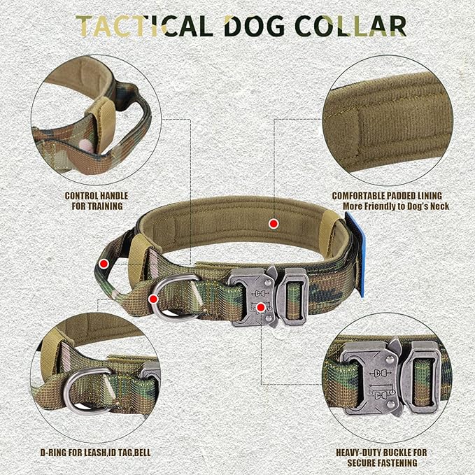 Tactical Dog Collar and Bungee Leash, Camo Military Dog Collar & Leash Set with USA American Flag Adjustable K9 Collar with Heavy Duty Metal Buckle & Handle,with Patches and Airtags Case (M, Camo)