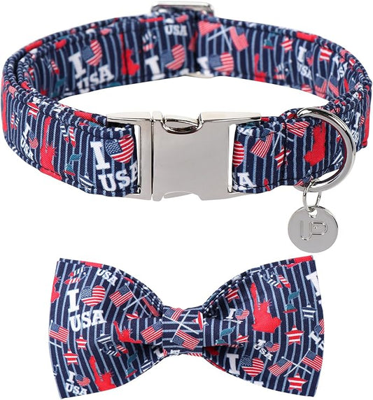 American Flag Dog Collar with Bow Tie, 4th of July Comfortable Cotton Cute Dog Collar with Metal Buckle, Patriotic Bowtie Collar for Puppy Girl Boy Dog or Cat, XS
