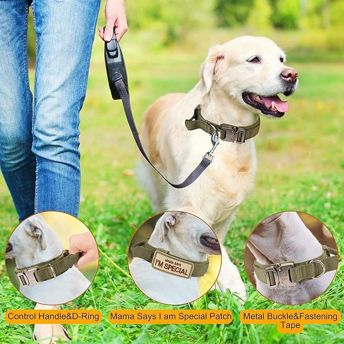 KCUCOP Tactical Dog Collar with Handle,Adjustable Military Dog Collar with Metal Buckle and Patches,Heavy Duty Dog Collars for Medium and Large Dogs (Militarygreen-L)