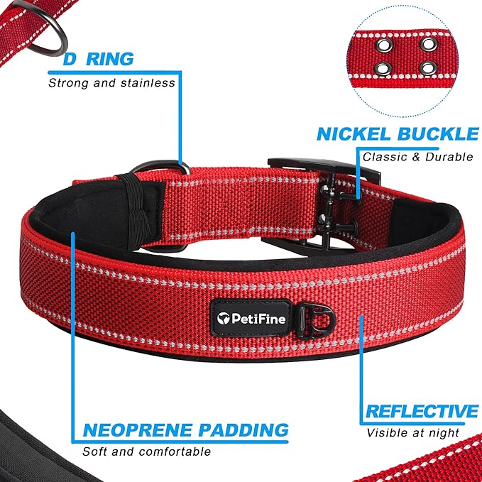 PetiFine Heavy Duty Dog Collar, Adjustable Soft Neoprene Padded Dog Collar with Metal Buckle, Reflective Belt Buckle Dog Collars for Large Dogs X-Large Dogs(24''-28'', Red)