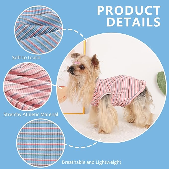 2Pack Dog Shirts for Small Dogs Girl Boy Striped Dog Shirt Vest Soft Stretchy Puppy Clothes Sleeveless Colorful Sweatshirt Small Puppy Outfit for Chihuahua Yorkie, Pink+Blue, S