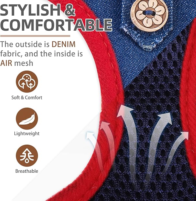 PUPTECK Dog Harness and Leash Set for Small Medium Dogs No Pull Step-in Soft Mesh Puppy Cat Vest Harnesses Reflective at Night, Denim NavyBlue XS