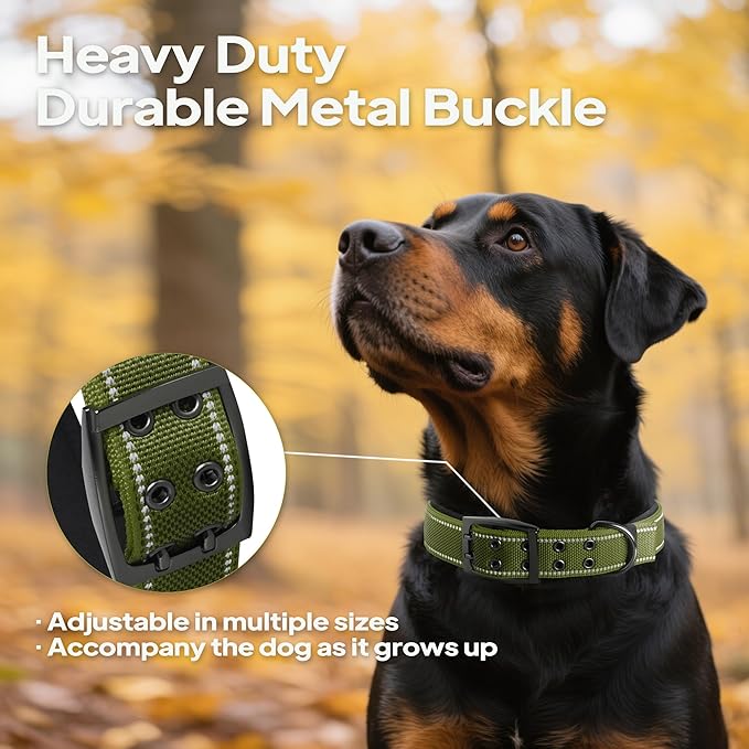 PetiFine Dog Collar for Extra Large Dogs, Neoprene Padded and Adjustable, Reflective Wide Heavy Duty Pet Collars with Durable Metal Belt Buckle for Walking, Green, XL