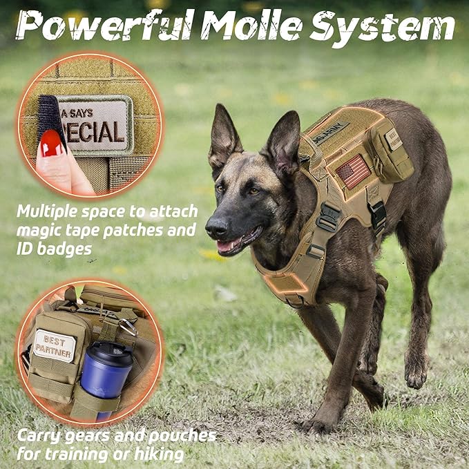 rabbitgoo Tactical Dog Harness for Large, Heavy Duty Pet Harness with Handle, No-Pull Service Vest Large Breed, Adjustable Military Dog Vest for Training Hunting Walking, Brown, XL