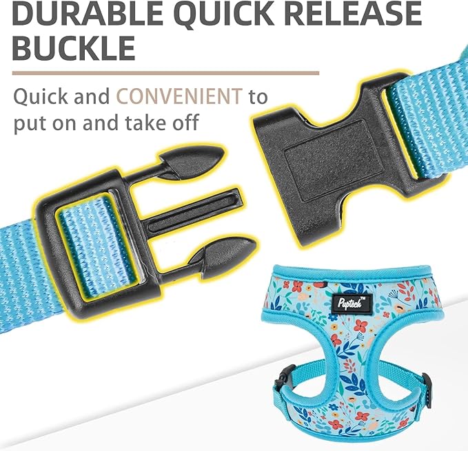 PUPTECK Soft Mesh Dog Harness and Leash Set Pet Puppy Cat Comfort Padded Vest No Pull Harnesses, Blue Floral, S