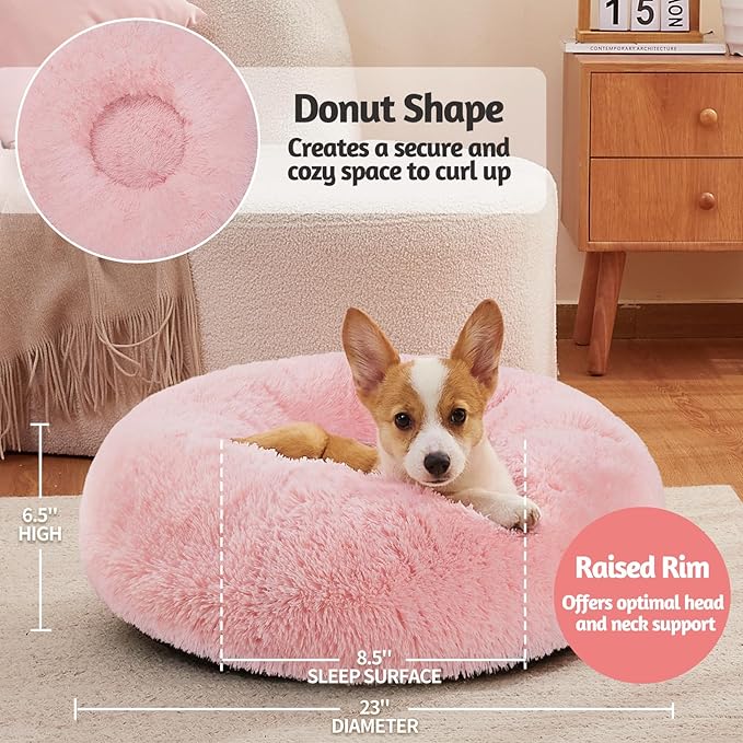 OhGeni Calming Donut Dog Bed Pillow for Small Medium Pets, Machine Washable Removable Cover, Comfort Plush Fluffy Faux Fur with Anti-Slip Bottom, Cats-Friendly Round Cuddly Design, Pink, 23 inches