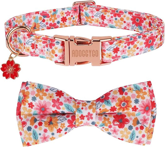 ADOGGYGO Floral Dog Collar with Bow, Metal Buckle, Adjustable Red Pink Pet Flower Collar for Medium Dogs (Medium)