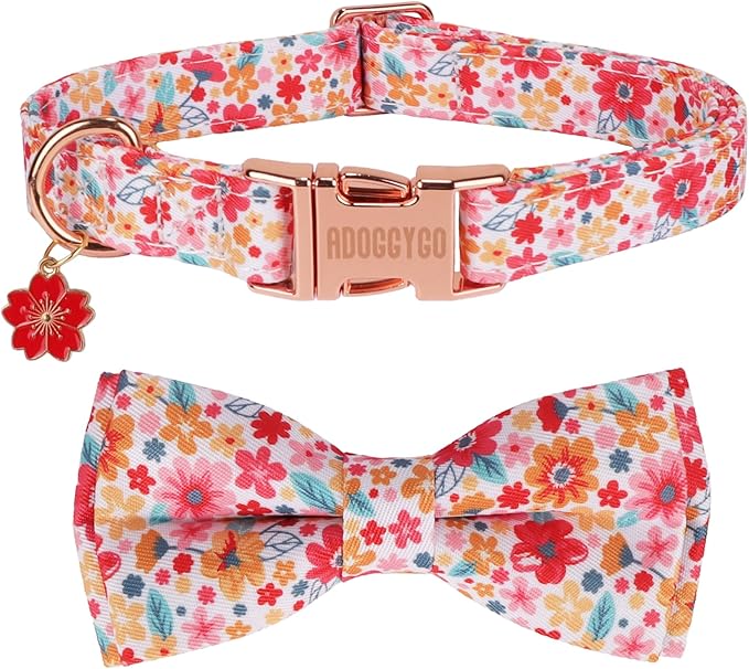 ADOGGYGO Floral Dog Collar with Bow, Metal Buckle, Adjustable Red Pink Pet Flower Collar for Extra Small Dogs (X-Small)