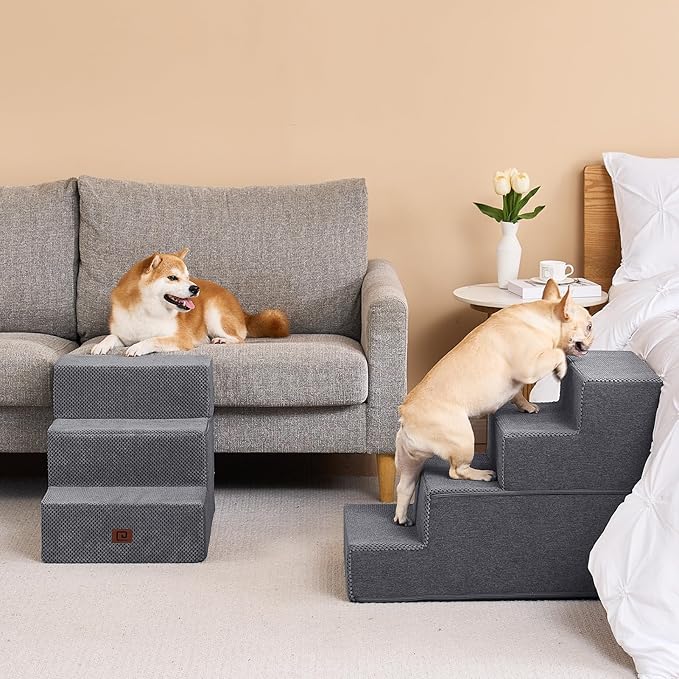 EHEYCIGA Dog Stairs for Bed 18”H, 4-Step Extra Wide Dog Steps for High Bed, Pet Steps for Small Dogs and Cats, Non-Slip Balanced Pet Ramp, Grey