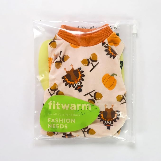Fitwarm Thanksgiving Turkey Dog Pajamas, Funny Dog Winter Clothes for Small Dogs Girl Boy, Pet Jumpsuit, Cat Onesie with Feet, Lightweight Velvet, Orange, XS