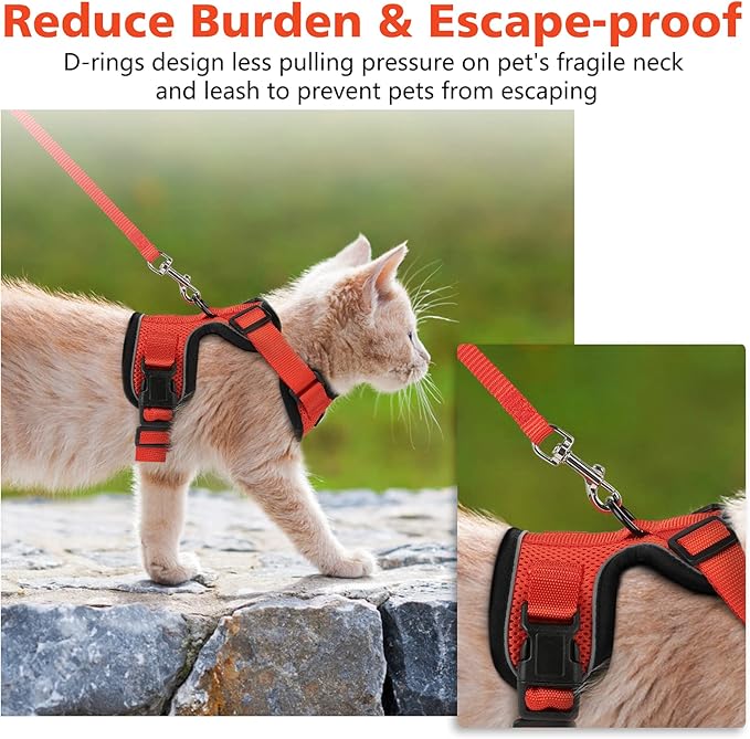 Dooradar Cat Harness and Leash Set, Escape Proof Safe Adjustable Kitten Vest Harnesses for Walking, Easy Control Soft Breathable Mesh Jacket with Reflective Strips for Cats, Reddish Orange, S
