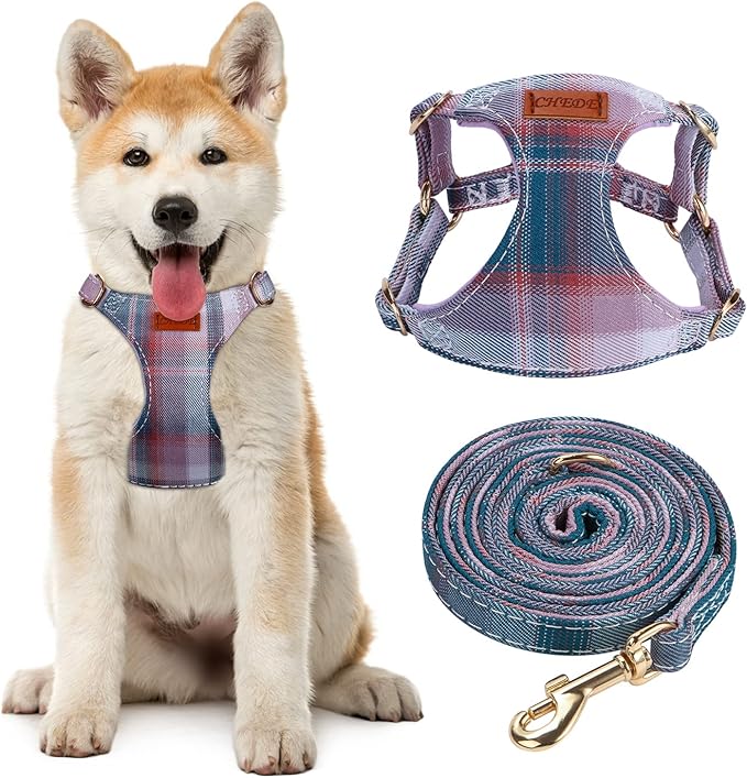 CHEDE No Pull Plain Pattern Dog Harness - Lightweight and Soft, Adjustable for Small and Medium-Sized Dogs, Includes Leash