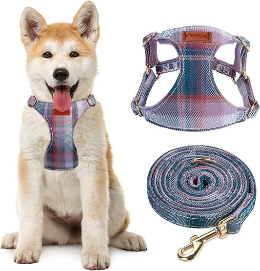 CHEDE No Pull Plain Pattern Dog Harness - Lightweight and Soft, Adjustable for Small and Medium-Sized Dogs, Includes Leash