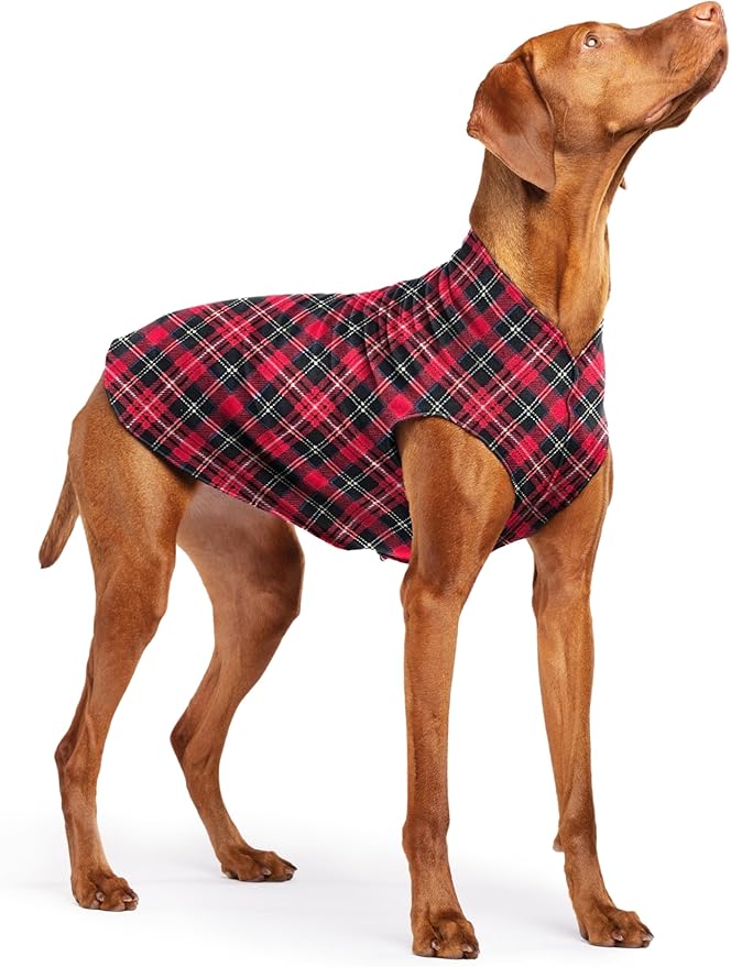 Stretch Fleece Dog Coat, Stretchy Pet Sweater, Machine Washable Pullover for Winter and Fall, Red Classic Plaid, 18