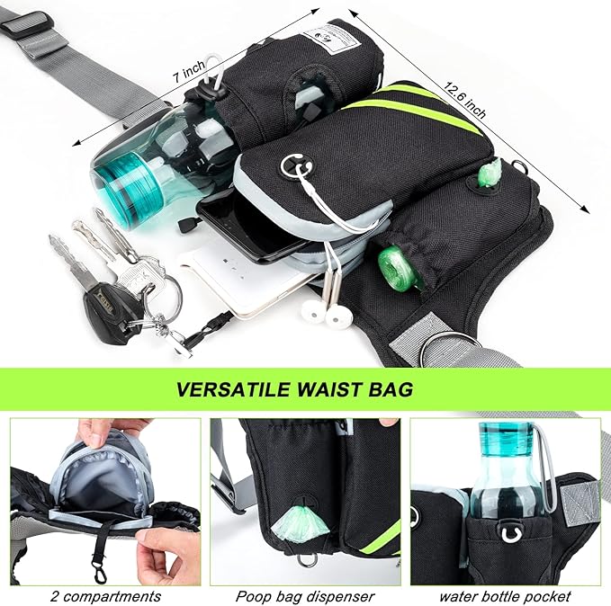 SHINE HAI Retractable Hands Free Dog Leash with Dual Bungees for 2 Dogs, Adjustable Waist Belt, Reflective Stitching Leash for Running Walking Hiking Jogging Biking Black - Green