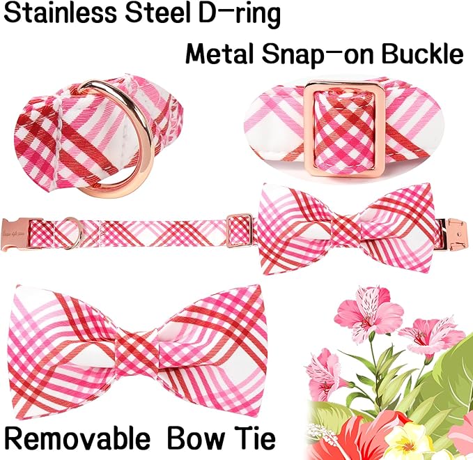 Unique style paws Cotton Dog Collar with Bow Spring Summer Collar with Red White Grid for Small Medium Large Boys Girls Dogs