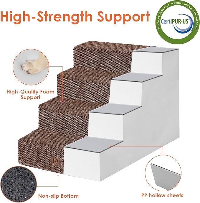 EHEYCIGA Dog Stairs for Bed 20”H, 4-Step Extra Wide Dog Steps for High Bed, Pet Steps for Small Dogs and Cats, Non-Slip Balanced Pet Ramp, Brown
