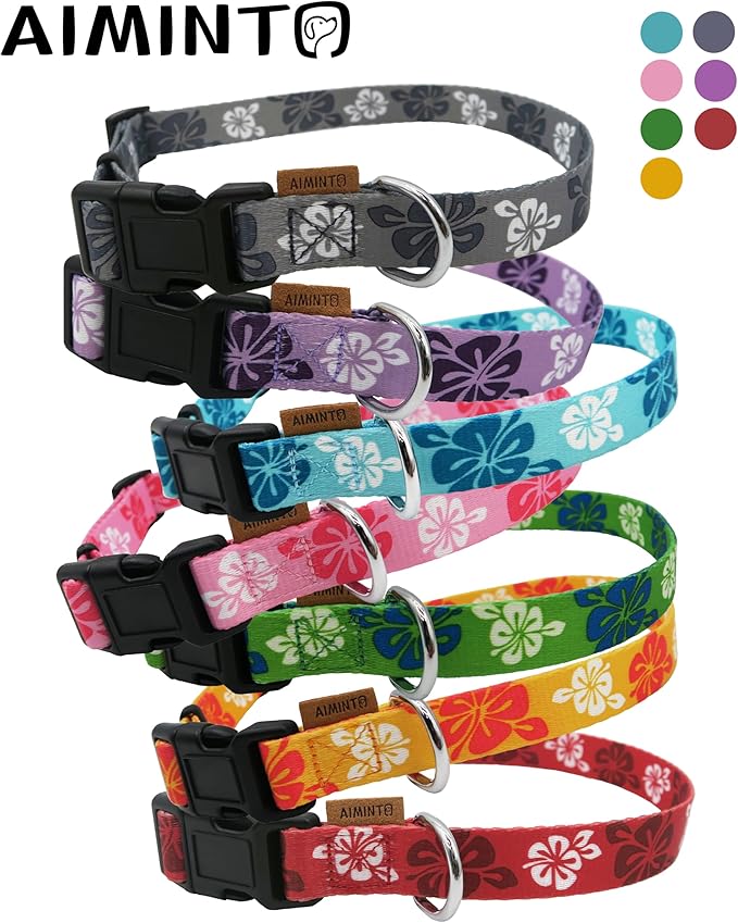 Dog Collar, Cute Floral Pattern, Soft and Adjustable Collar with Quick Release Buckle (S (Neck 11-18", Width 5/8"), Hawaiian Red)