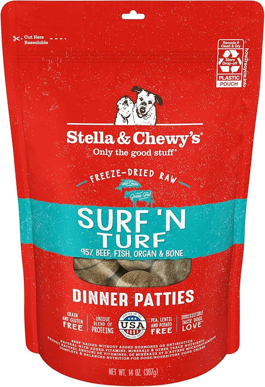 Stella & Chewy's Freeze-Dried Raw Dinner Patties - Surf 'N Turf Salmon & Beef Recipe - High Protein Grain-Free Puppy & Dog Food - Perfect For Picky Eaters - 14 oz